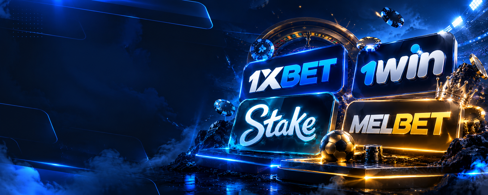 Неоновая иллюстрация 1xBet, 1win, Stake и Melbet на фоне казино и спорта